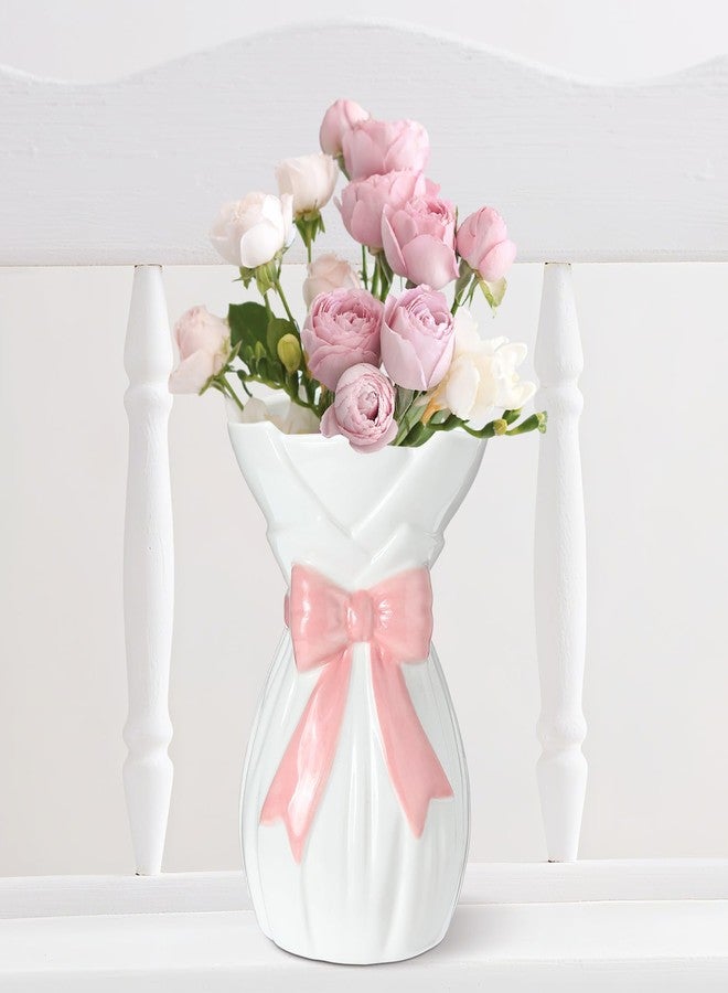 Ninehaoou Pink Bow Vase for Home Decor 7.1 Inch Cute Coquette Gifts for Women Girls Shabby Chic Decorative Ceramic Hand Made Vases for Bouquet Flower Modern Aesthetic Living Room Wedding Decor - Image 1